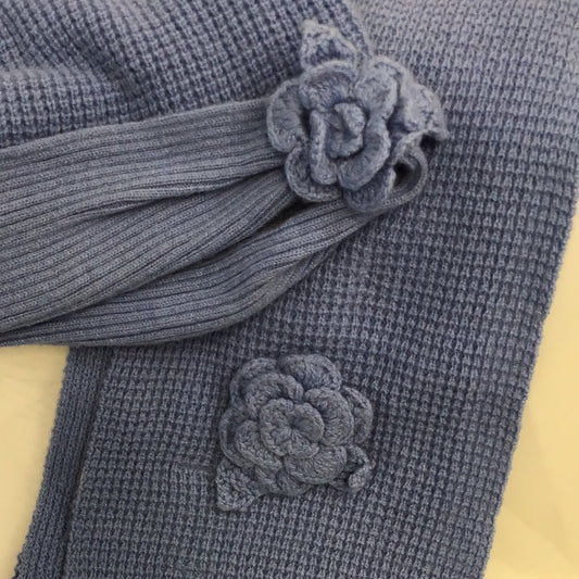 L.L. Bean Women’s Cashmere Waffle Knit Scarf Beanie Hat Set-Blue